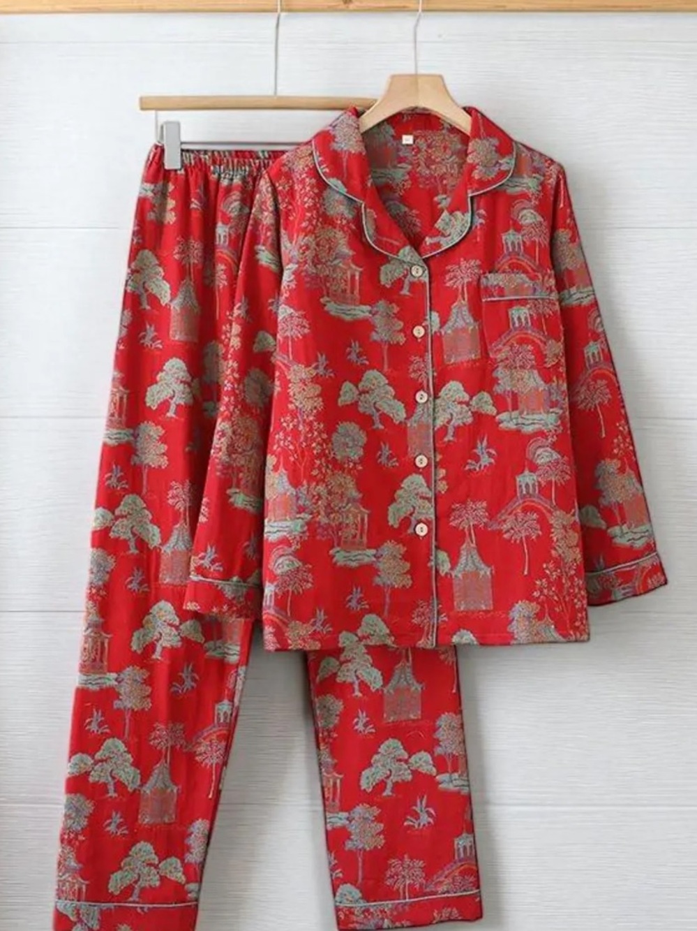 Women’s 100% cotton muslin gauze embroidered Cotton Pajama Set zen garden large
